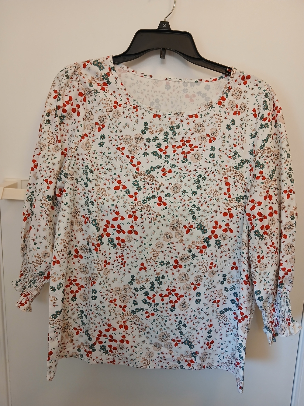 White Floral Print Tunic Top with Red & Green Accents